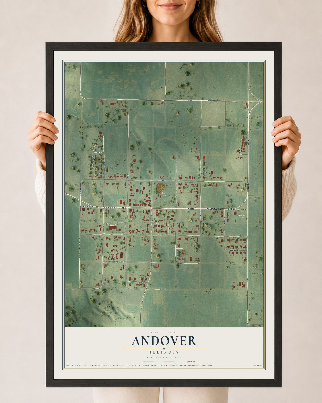 Map of Andover, Illinois, 24 x 36 inch print in a black wood frame
