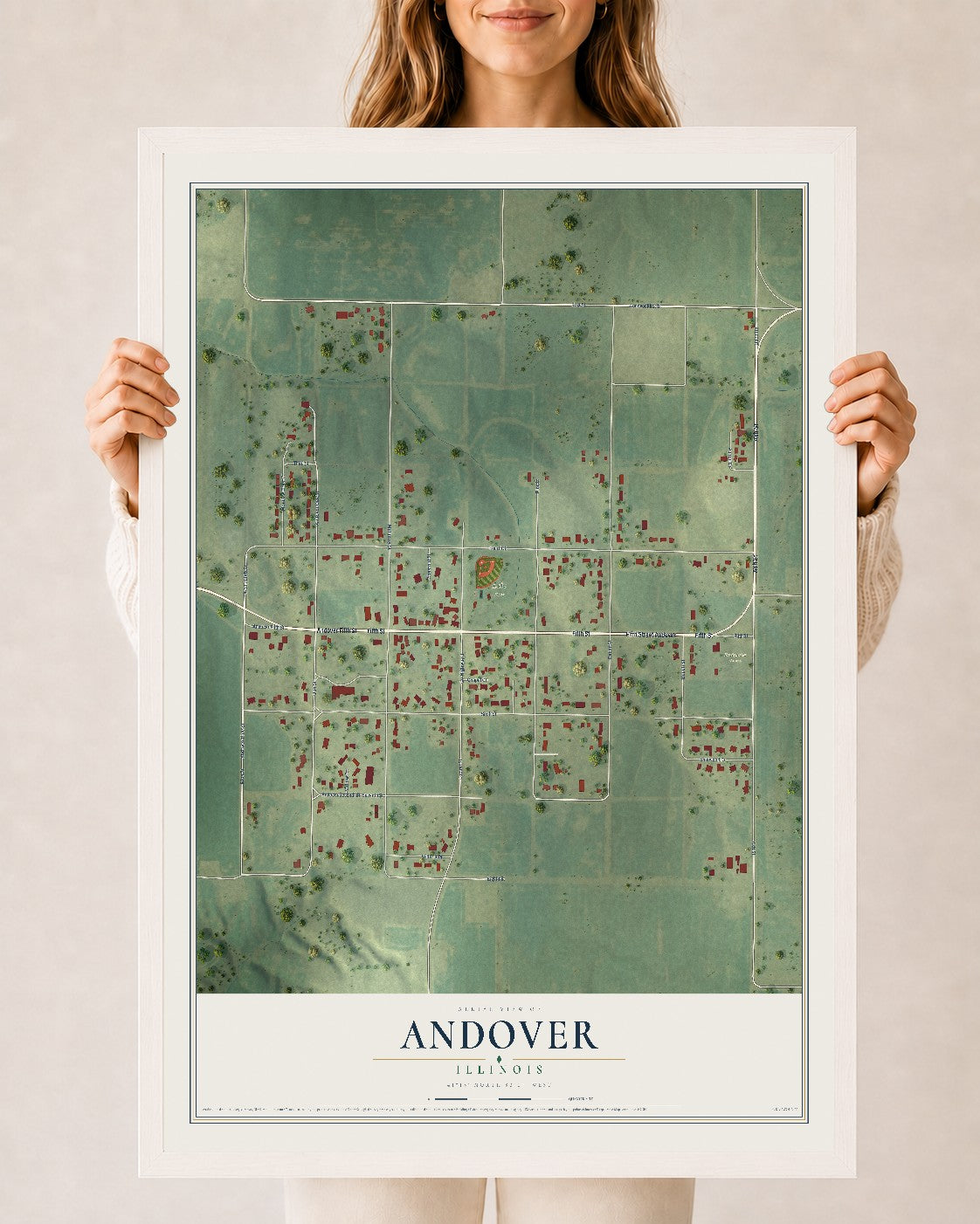 Map of Andover, Illinois, 24 x 36 inch print in a white wood frame