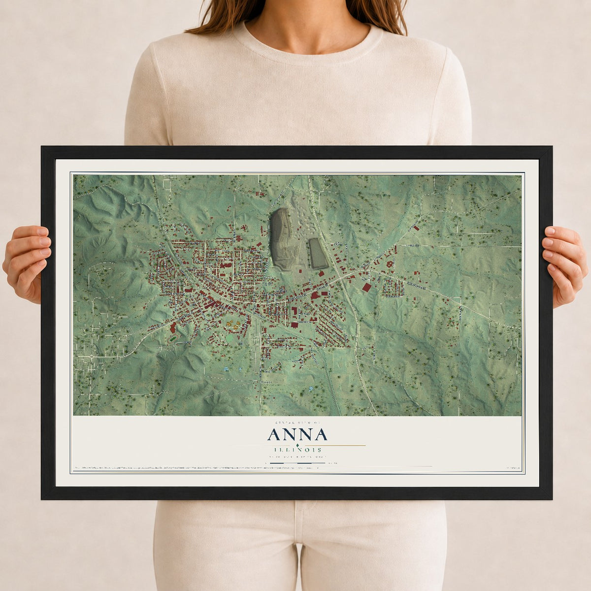 Map of Anna, Illinois, 12 x 18 inch print in a black wood frame
