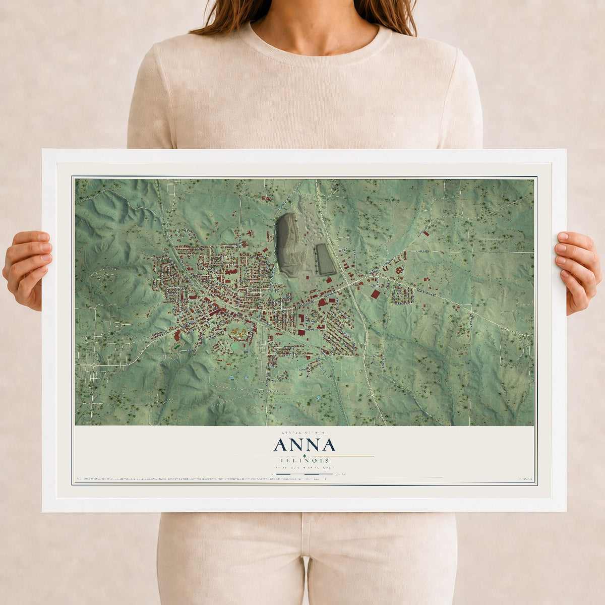 Map of Anna, Illinois, 12 x 18 inch print in a white wood frame
