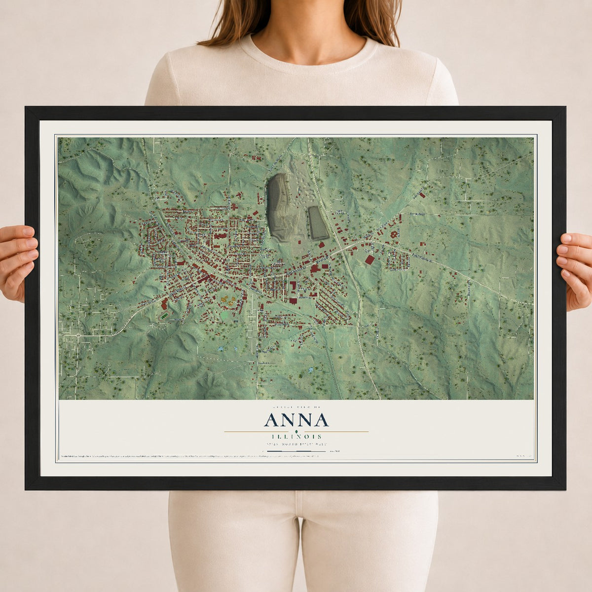 Map of Anna, Illinois, 18 x 24 inch print in a black wood frame