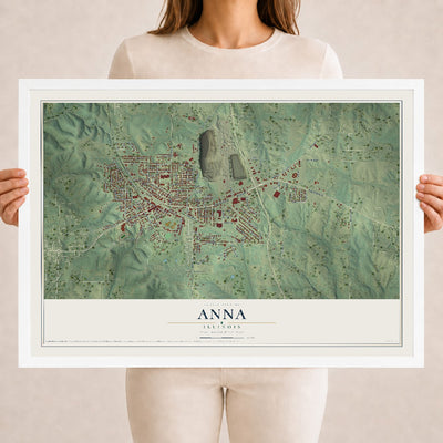 Map of Anna, Illinois, 18 x 24 inch print in a white wood frame