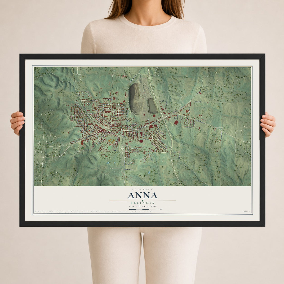 Map of Anna, Illinois, 24 x 36 inch print in a black wood frame