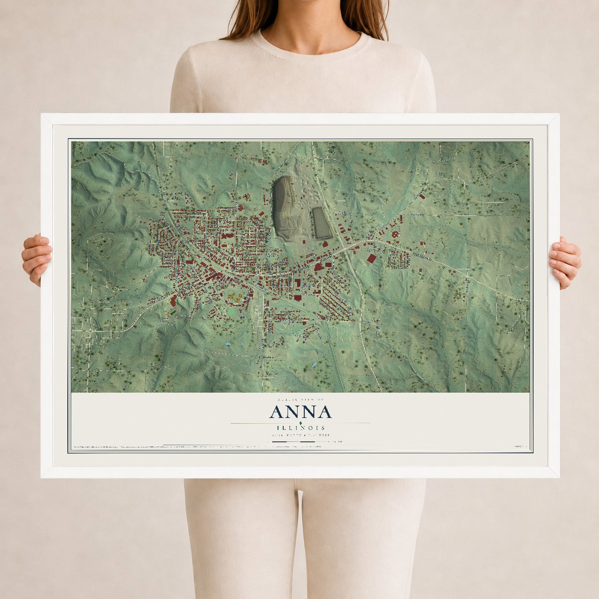 Map of Anna, Illinois, 24 x 36 inch print in a white wood frame