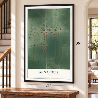 Annapolis, Illinois map, 24 x 36 inch print in a black frame by a staircase