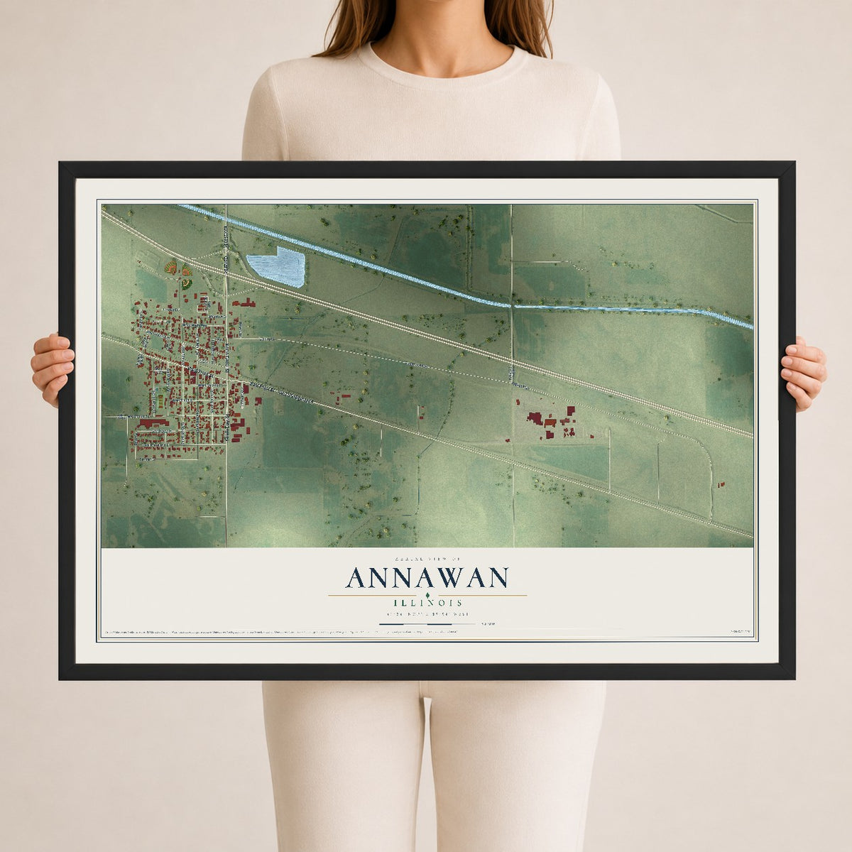Map of Annawan, Illinois, 24 x 36 inch print in a black wood frame