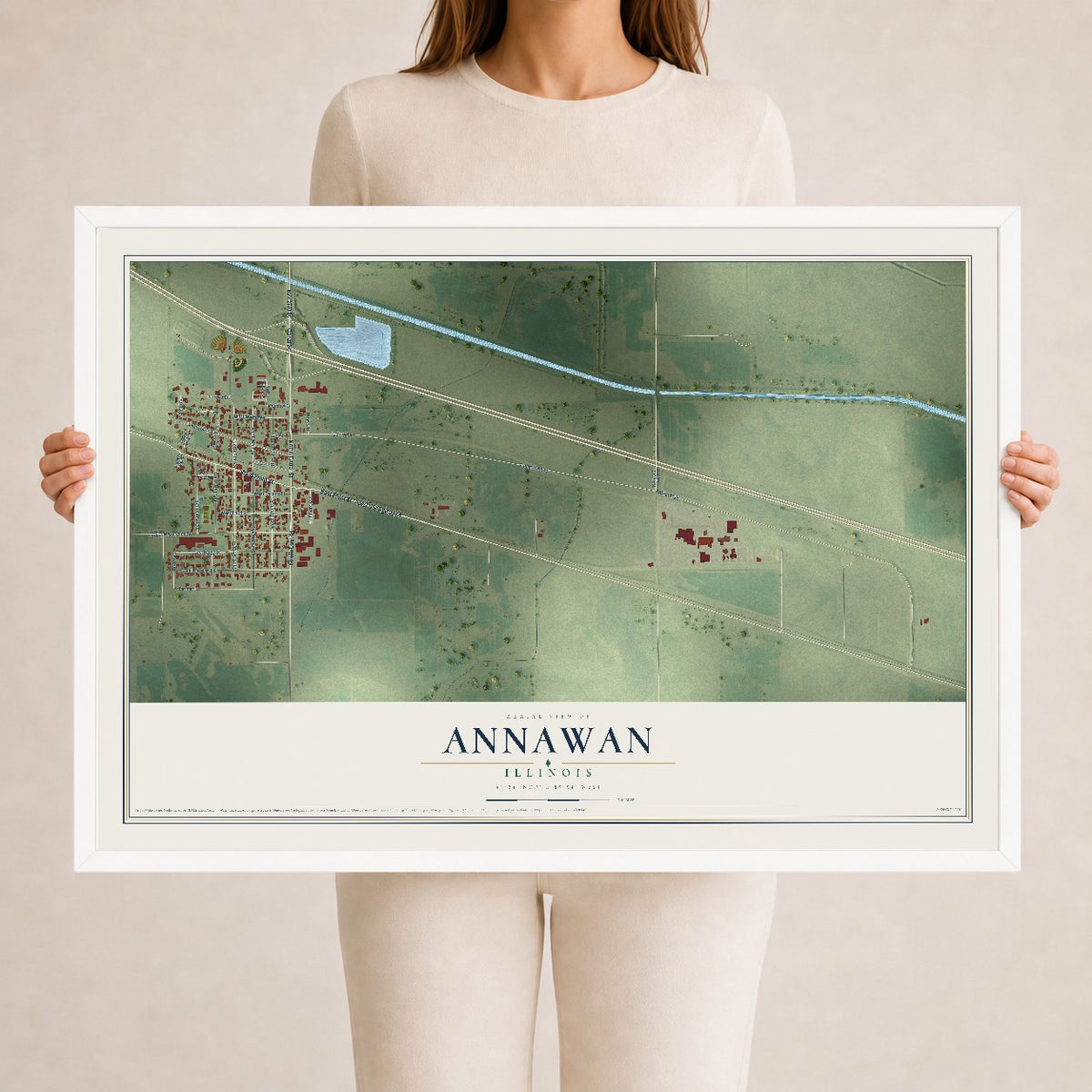 Map of Annawan, Illinois, 24 x 36 inch print in a white wood frame