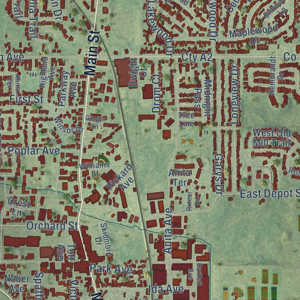 Close-up of the map of Antioch, Illinois print showing street and building detail