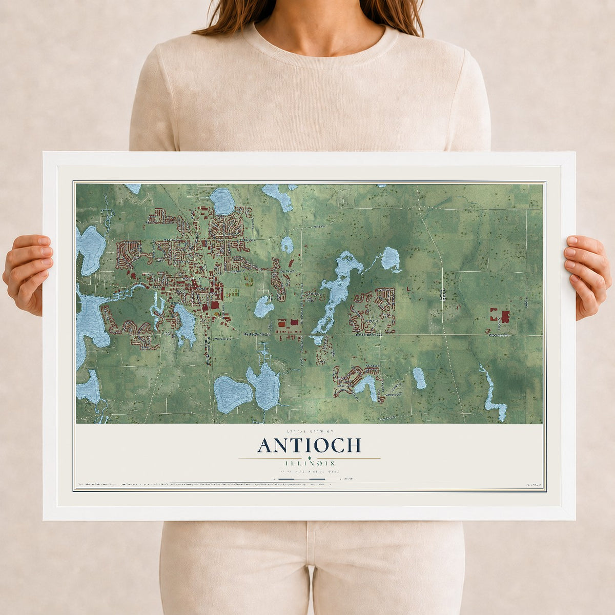 Map of Antioch, Illinois, 12 x 18 inch print in a white wood frame