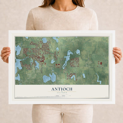 Map of Antioch, Illinois, 12 x 18 inch print in a white wood frame