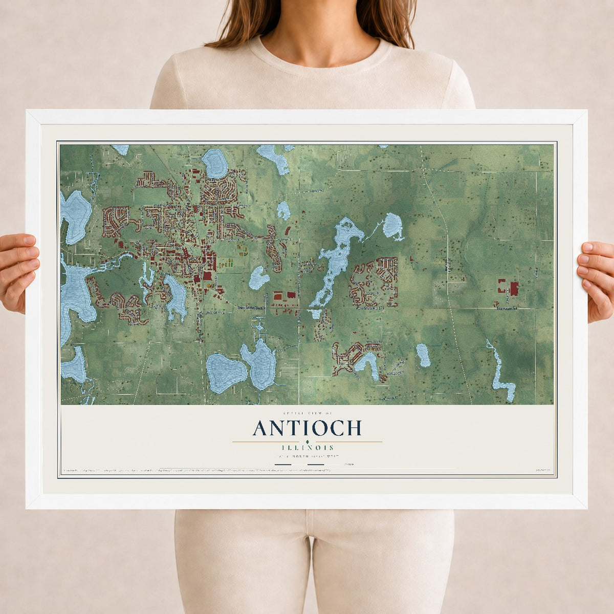 Map of Antioch, Illinois, 18 x 24 inch print in a white wood frame