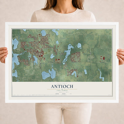 Map of Antioch, Illinois, 18 x 24 inch print in a white wood frame