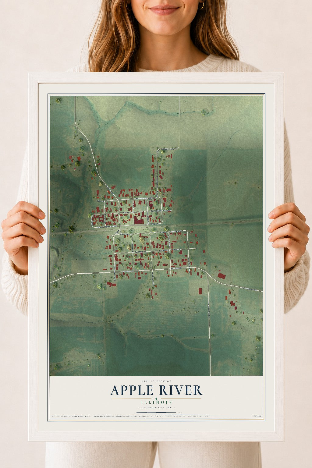 Map of Apple River, Illinois, 18 x 24 inch print in a white wood frame