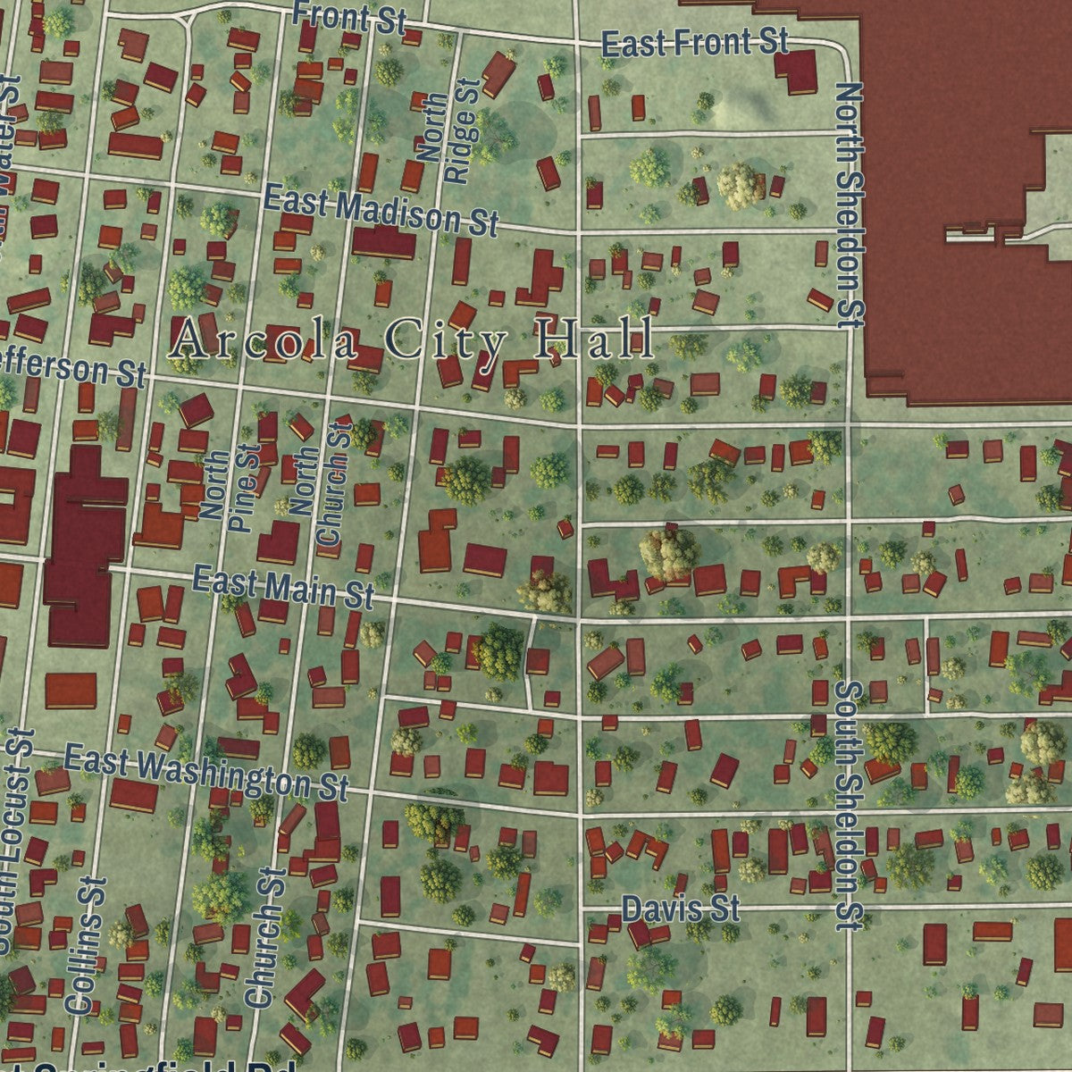 Close-up of the map of Arcola, Illinois print showing street and building detail