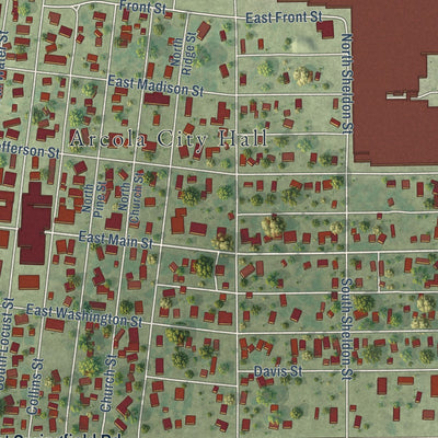 Close-up of the map of Arcola, Illinois print showing street and building detail