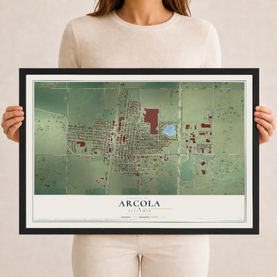 Map of Arcola, Illinois, 12 x 18 inch print in a black wood frame