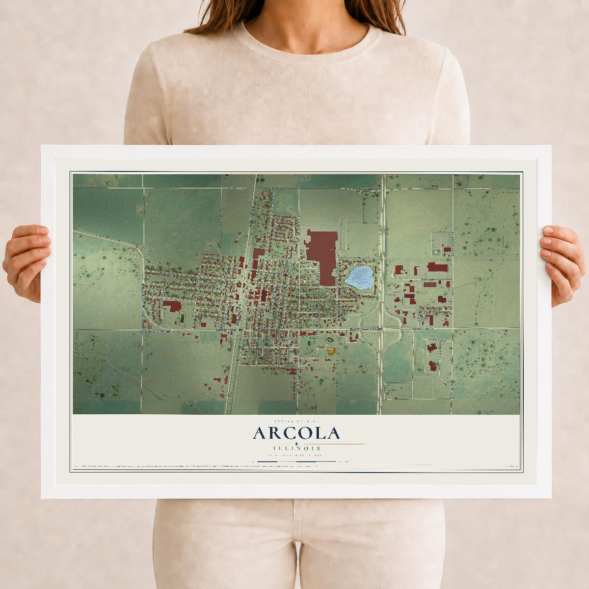 Map of Arcola, Illinois, 12 x 18 inch print in a white wood frame