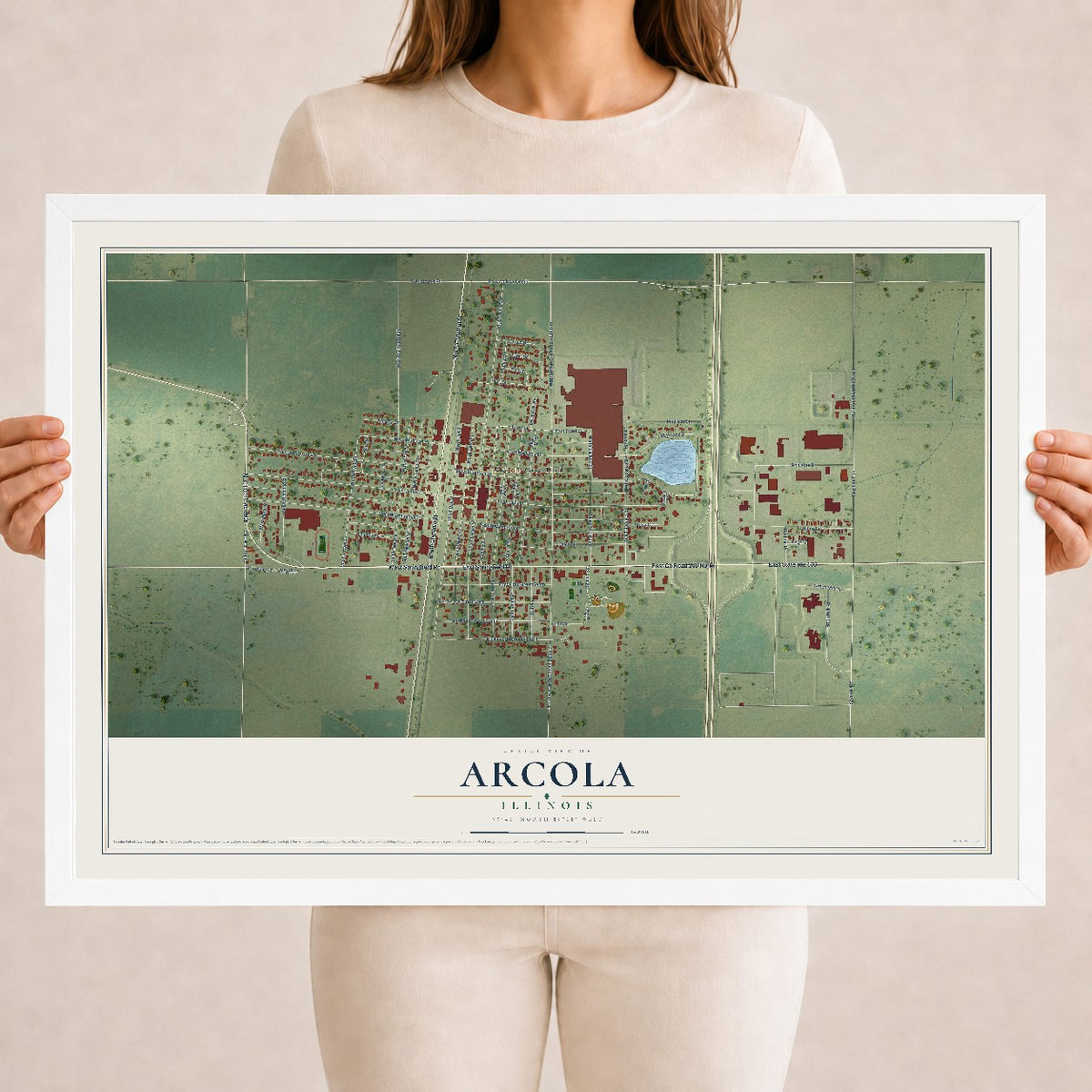 Map of Arcola, Illinois, 18 x 24 inch print in a white wood frame