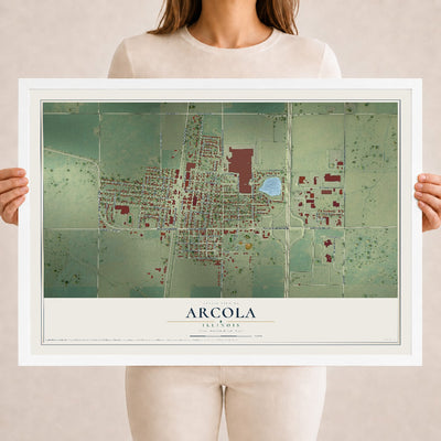 Map of Arcola, Illinois, 18 x 24 inch print in a white wood frame