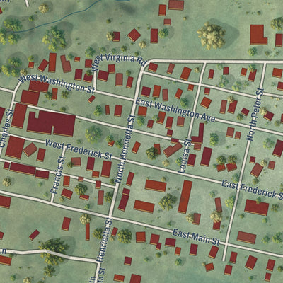 Close-up of the map of Arenzville, Illinois print showing street and building detail