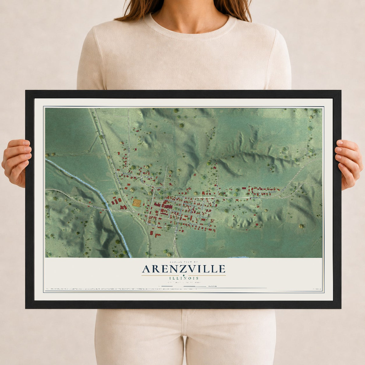 Map of Arenzville, Illinois, 12 x 18 inch print in a black wood frame