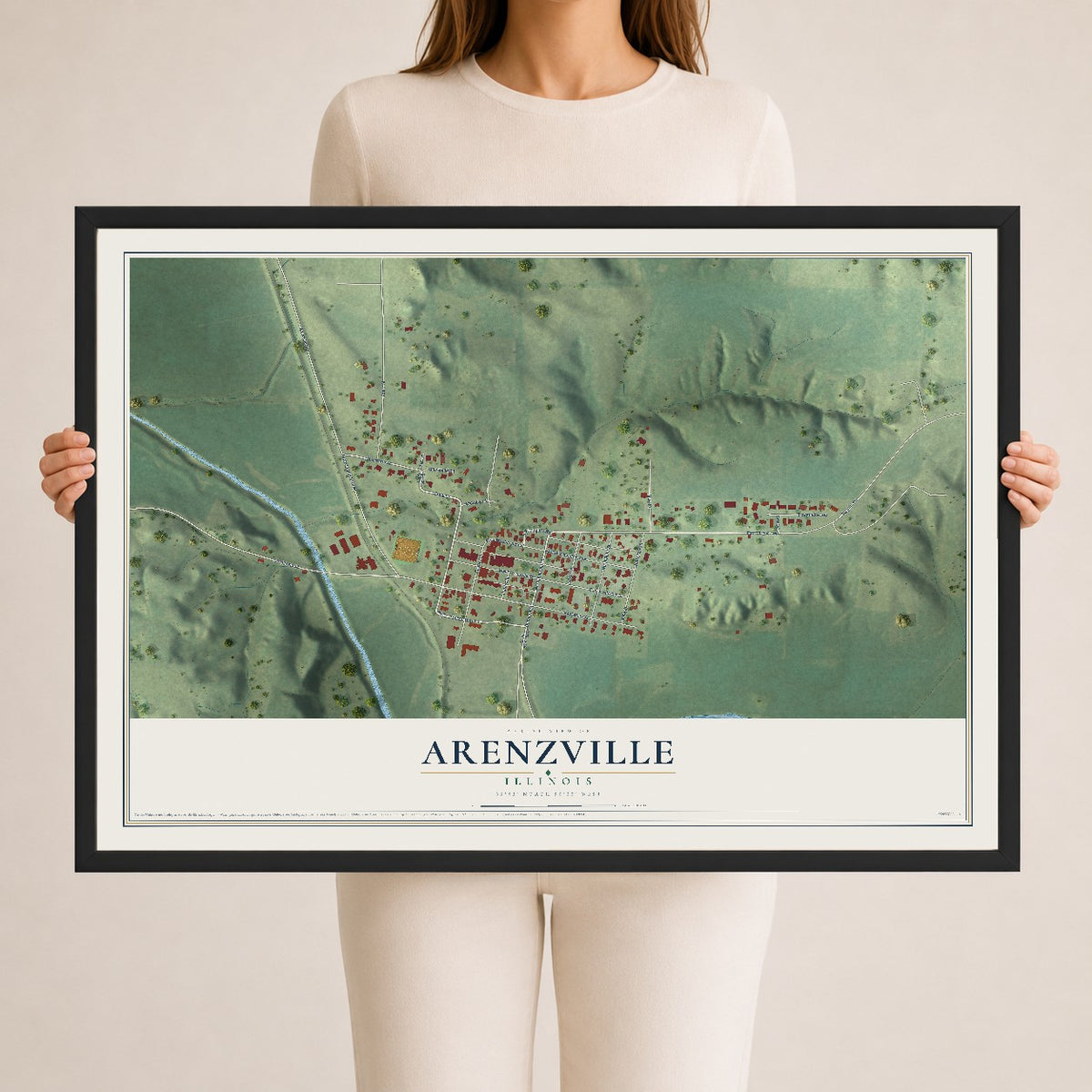 Map of Arenzville, Illinois, 24 x 36 inch print in a black wood frame