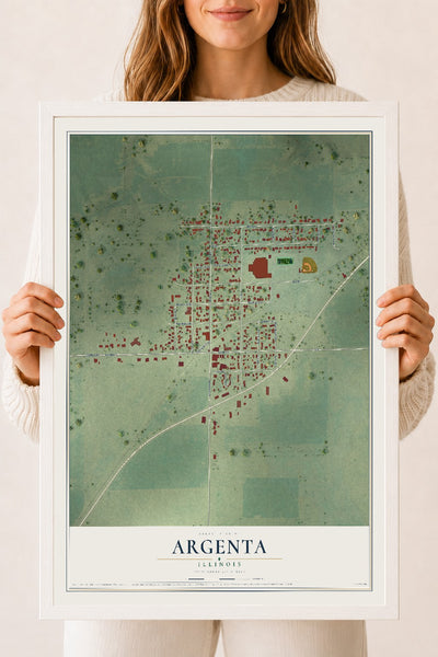 Map of Argenta, Illinois, 18 x 24 inch print in a white wood frame