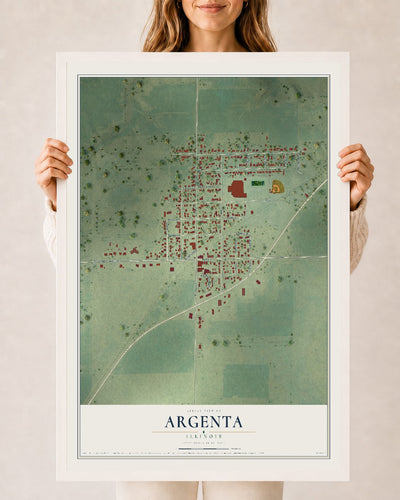 Map of Argenta, Illinois, 24 x 36 inch print in a white wood frame