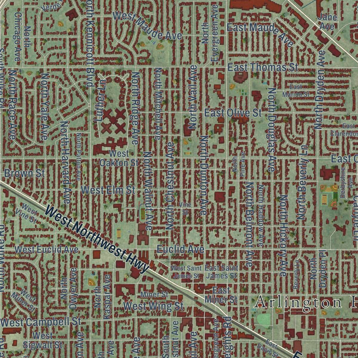 Close-up of the map of Arlington Heights, Illinois print showing street and building detail