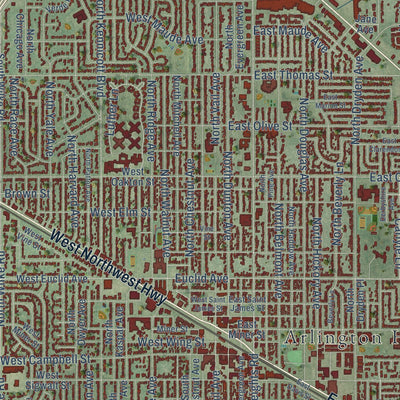 Close-up of the map of Arlington Heights, Illinois print showing street and building detail