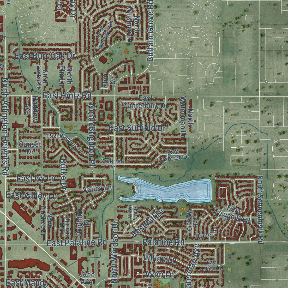 Second close-up of the map of Arlington Heights, Illinois print showing more streets and buildings