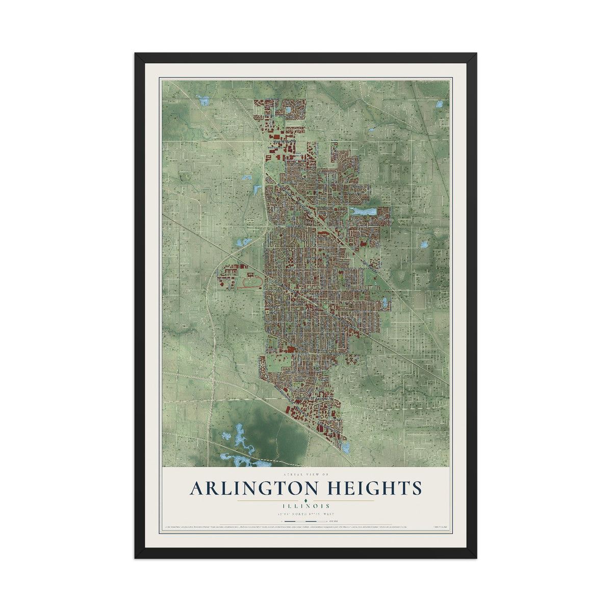 Map of Arlington Heights, Illinois, 12 x 18 inch print in a black wood frame