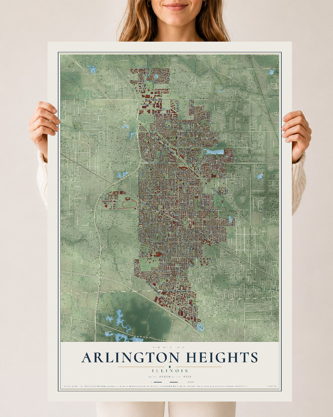 Map of Arlington Heights, Illinois, 24 x 36 inch unframed archival matte print