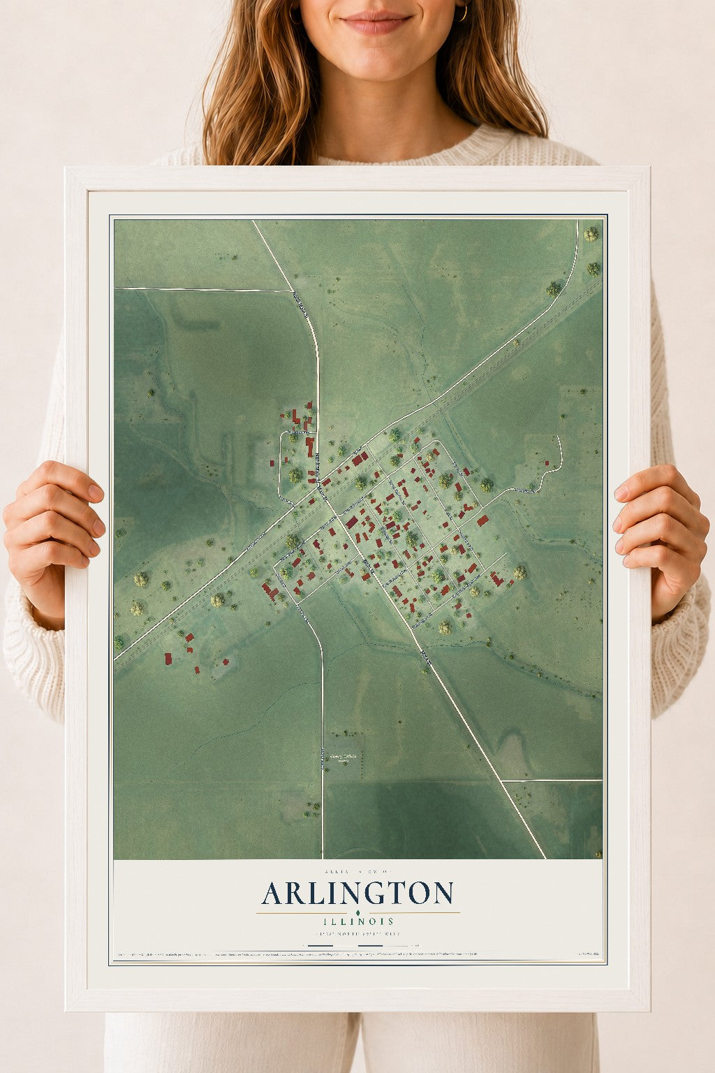 Map of Arlington, Illinois, 18 x 24 inch print in a white wood frame
