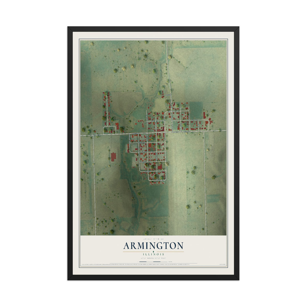 Map of Armington, Illinois, 12 x 18 inch print in a black wood frame