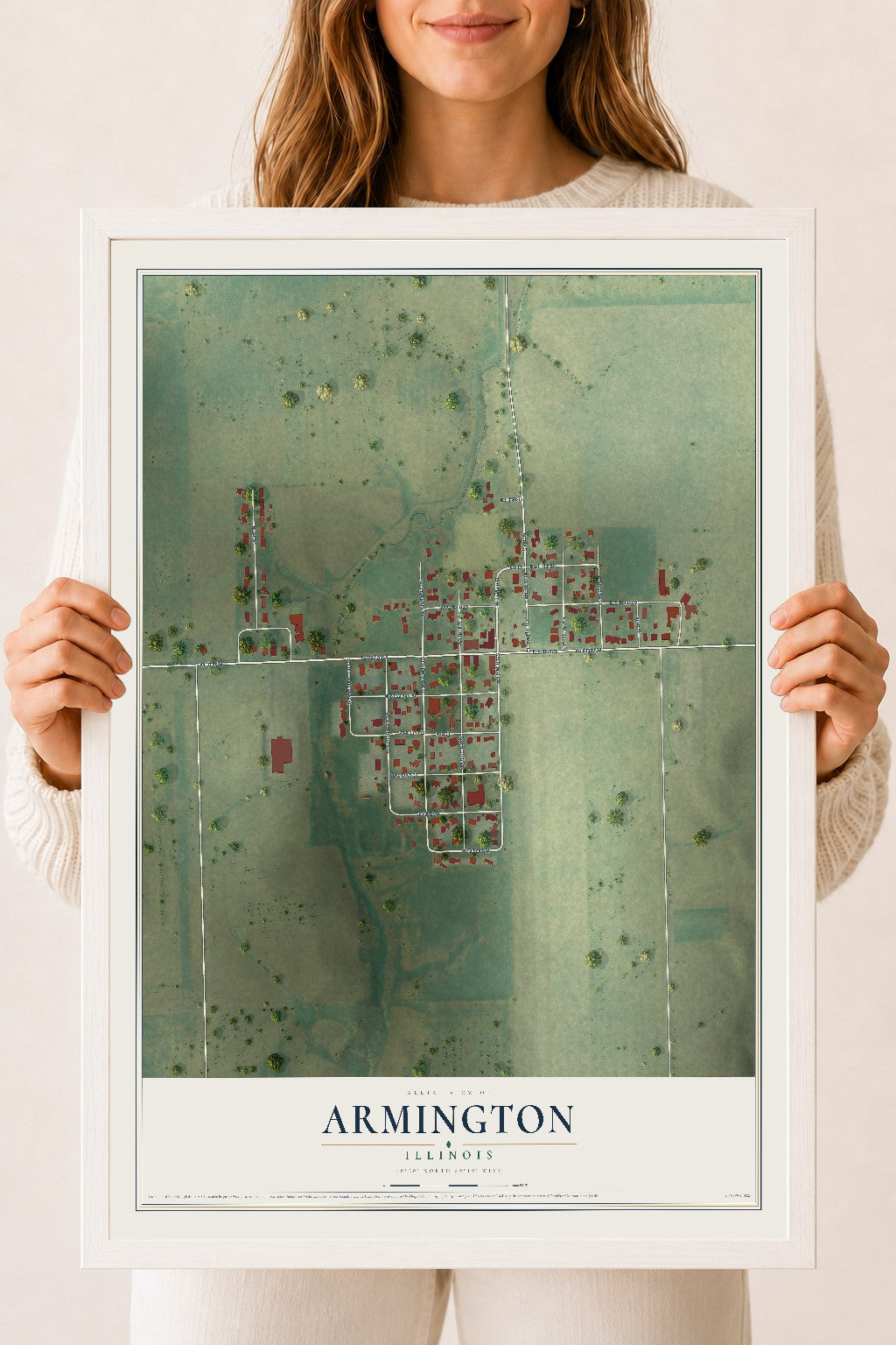 Map of Armington, Illinois, 18 x 24 inch print in a white wood frame