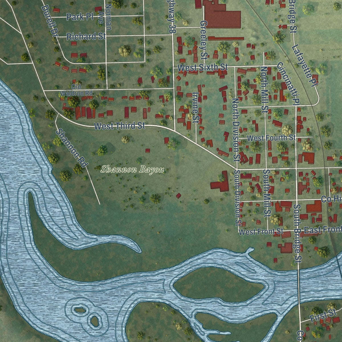 Close-up of the map of Aroma Park, Illinois print showing street and building detail