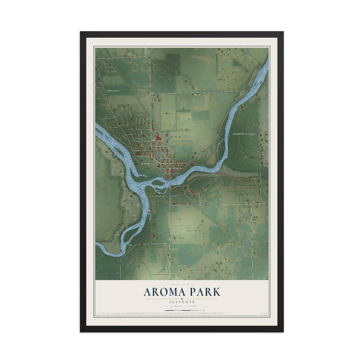 Map of Aroma Park, Illinois, 12 x 18 inch print in a black wood frame