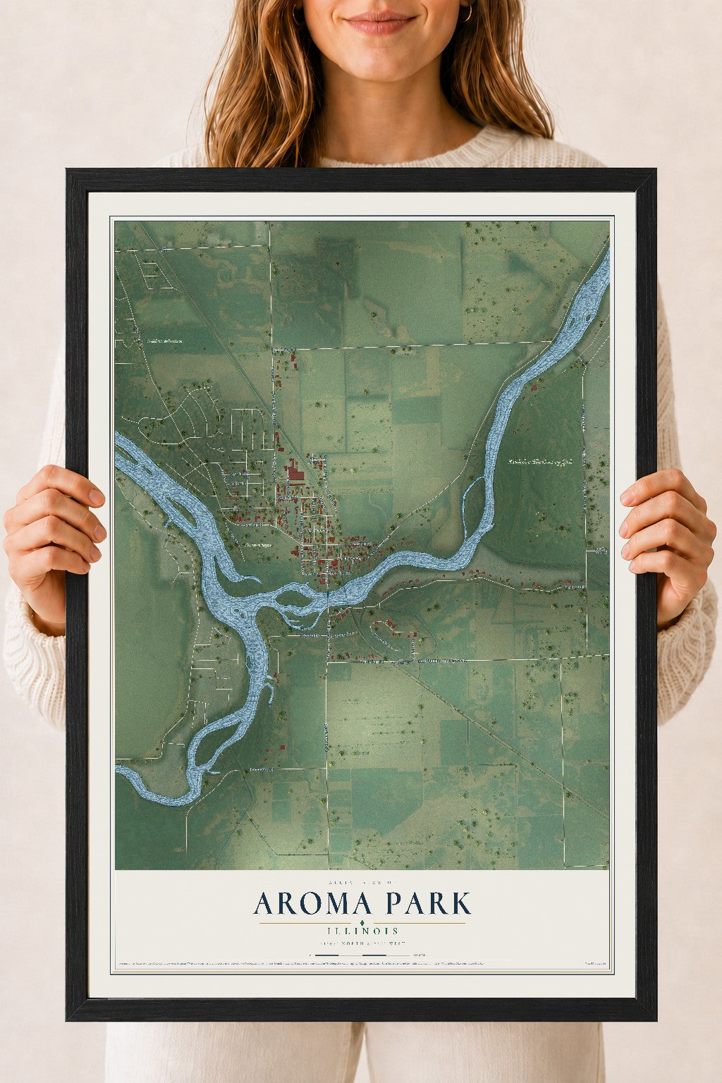 Map of Aroma Park, Illinois, 18 x 24 inch print in a black wood frame