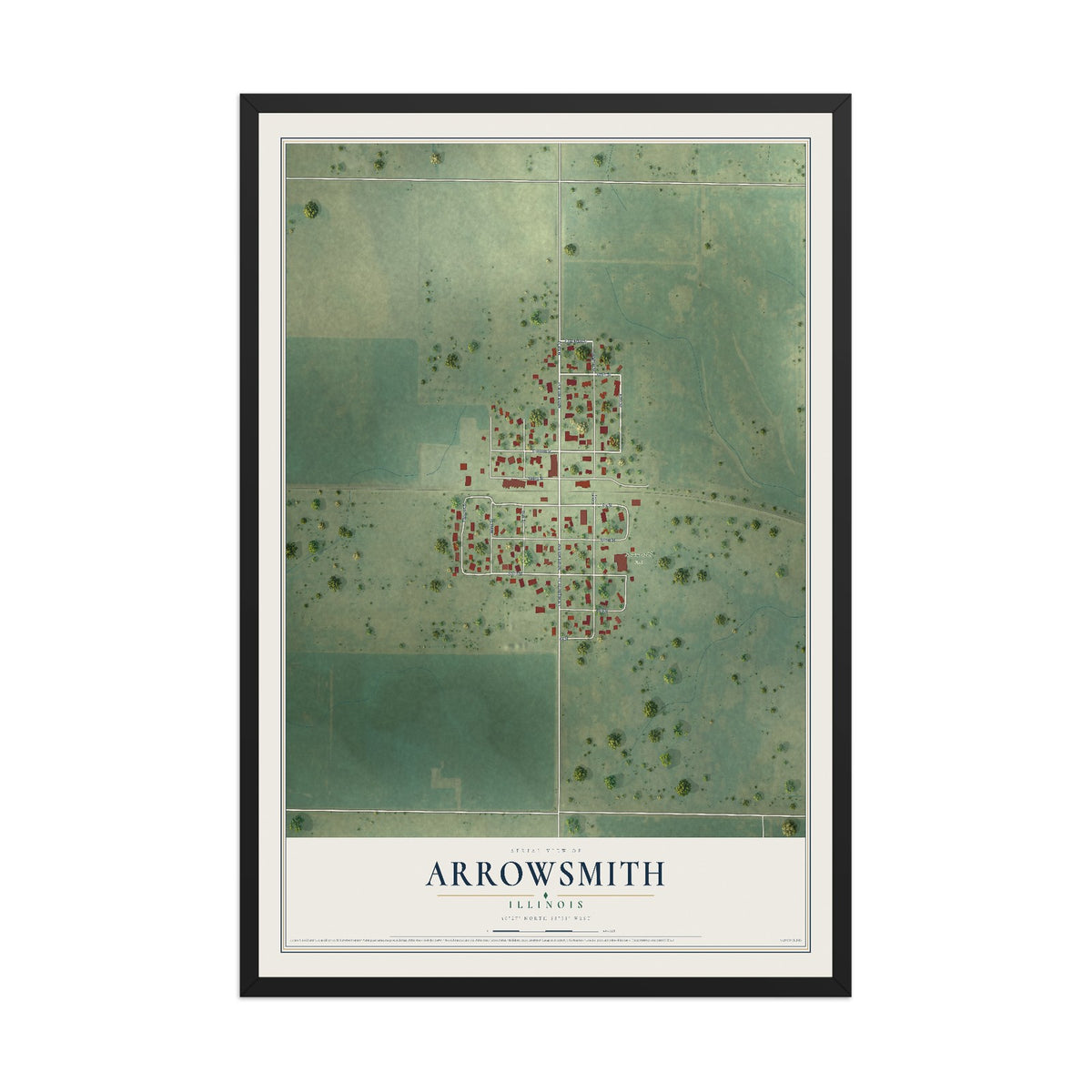 Map of Arrowsmith, Illinois, 12 x 18 inch print in a black wood frame