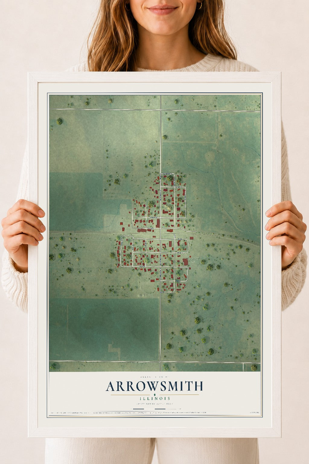 Map of Arrowsmith, Illinois, 18 x 24 inch print in a white wood frame