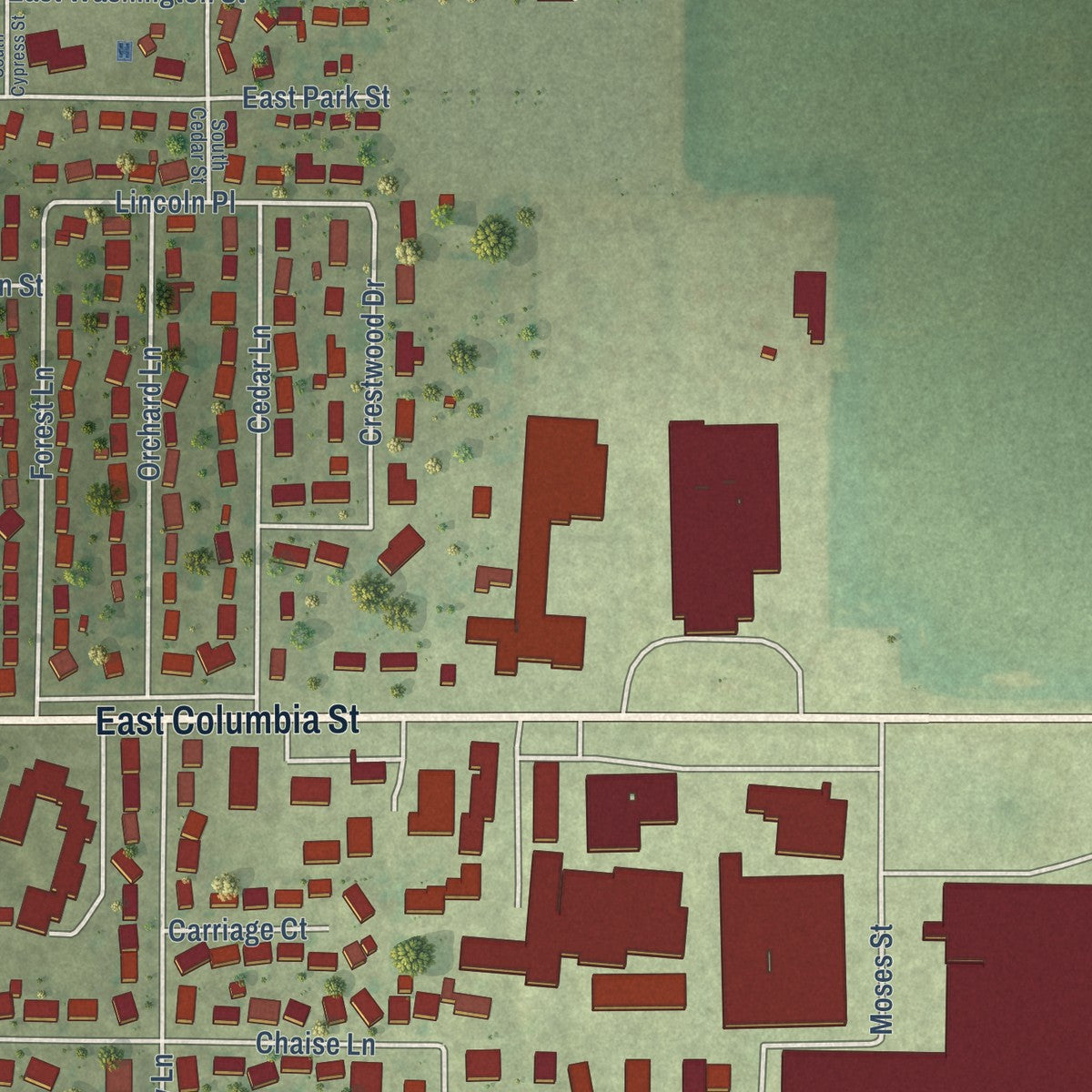Second close-up of the map of Arthur, Illinois print showing more streets and buildings
