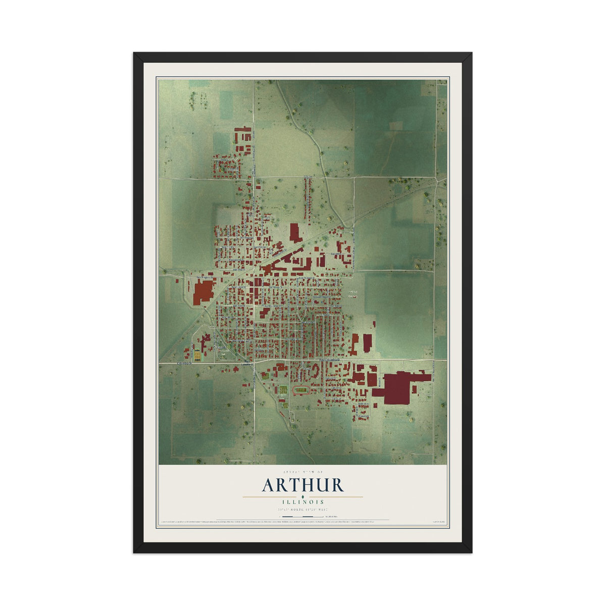 Map of Arthur, Illinois, 12 x 18 inch print in a black wood frame