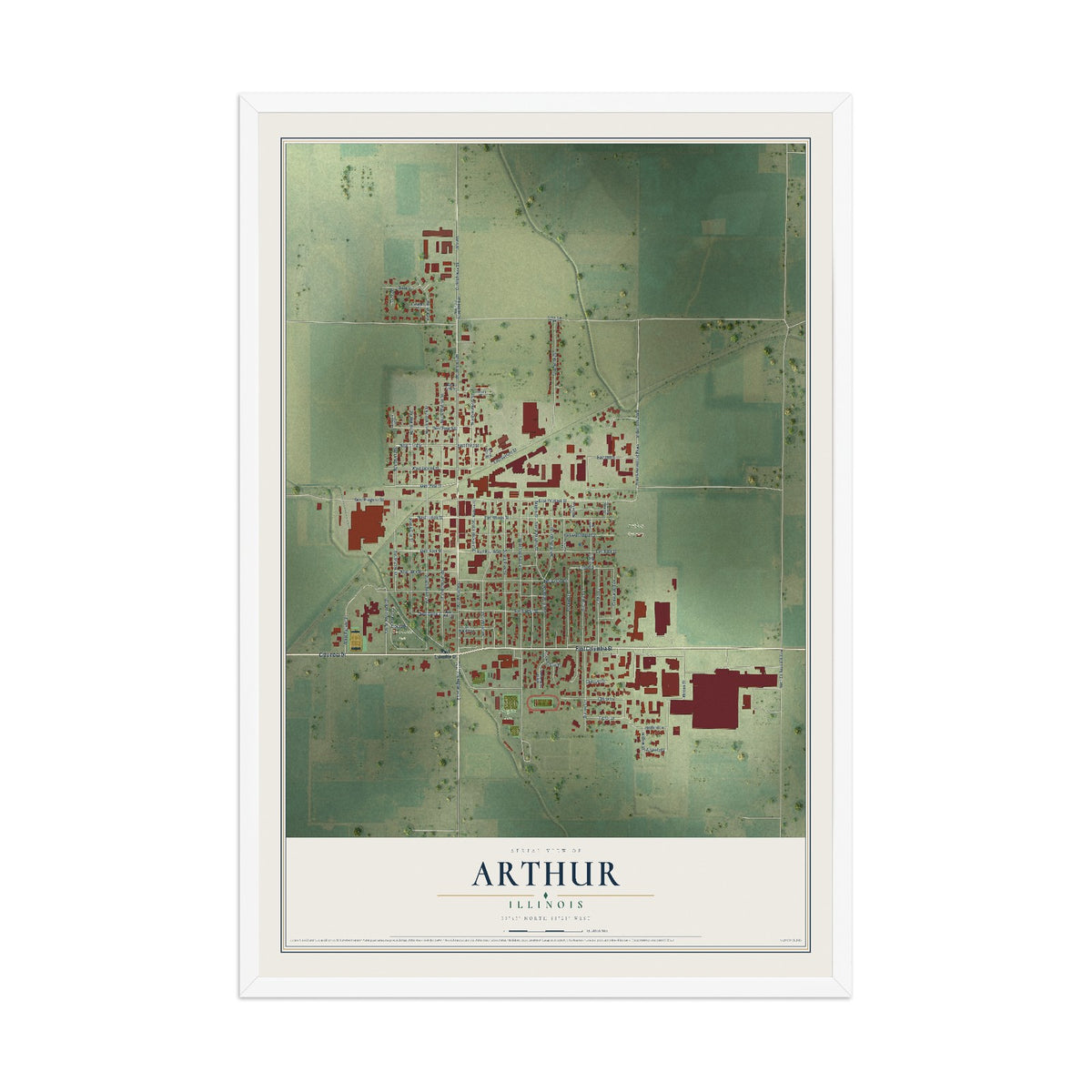 Map of Arthur, Illinois, 12 x 18 inch print in a white wood frame