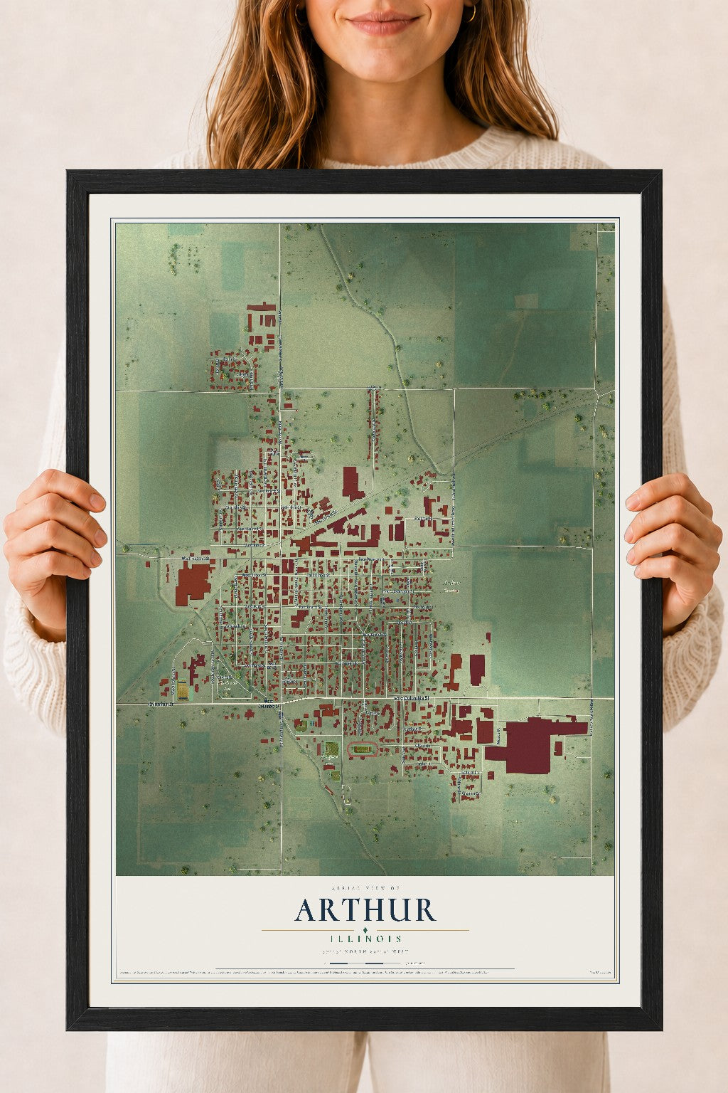 Map of Arthur, Illinois, 18 x 24 inch print in a black wood frame