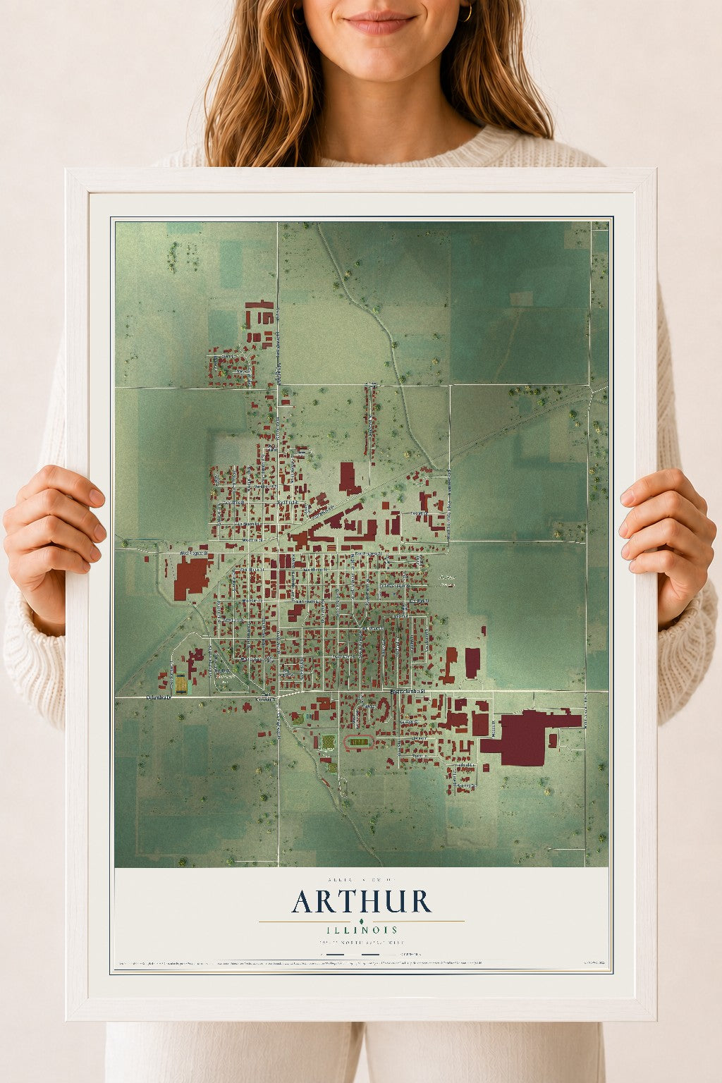 Map of Arthur, Illinois, 18 x 24 inch print in a white wood frame