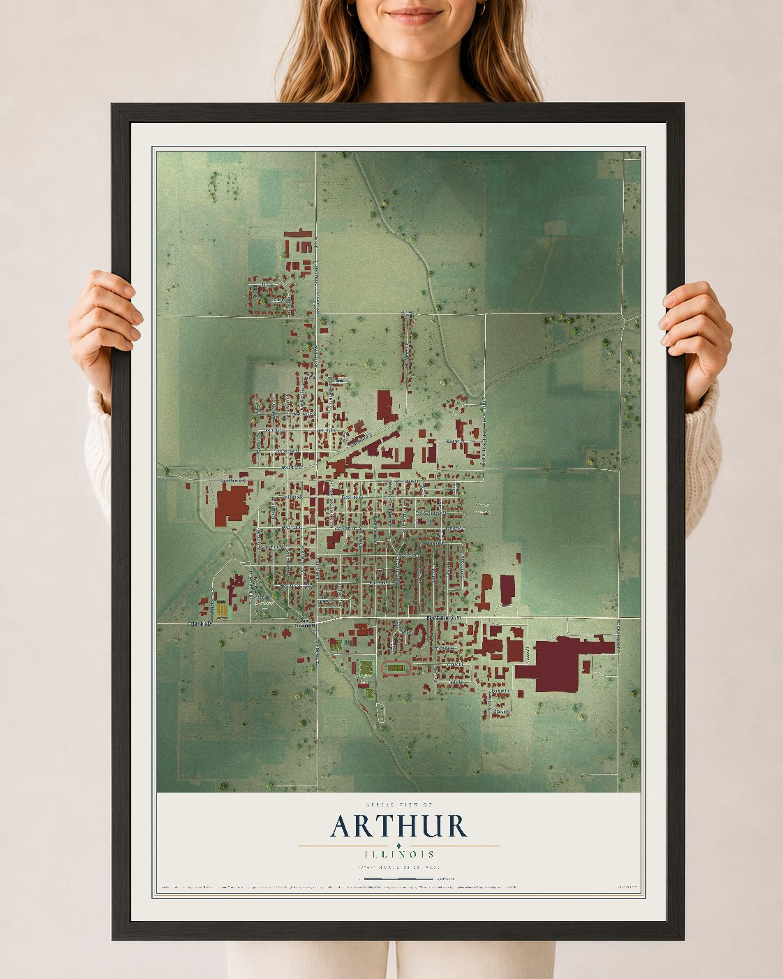 Map of Arthur, Illinois, 24 x 36 inch print in a black wood frame