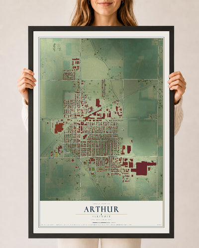 Map of Arthur, Illinois, 24 x 36 inch print in a black wood frame