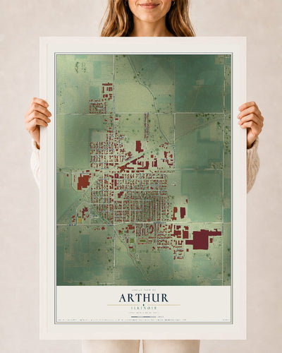 Map of Arthur, Illinois, 24 x 36 inch print in a white wood frame