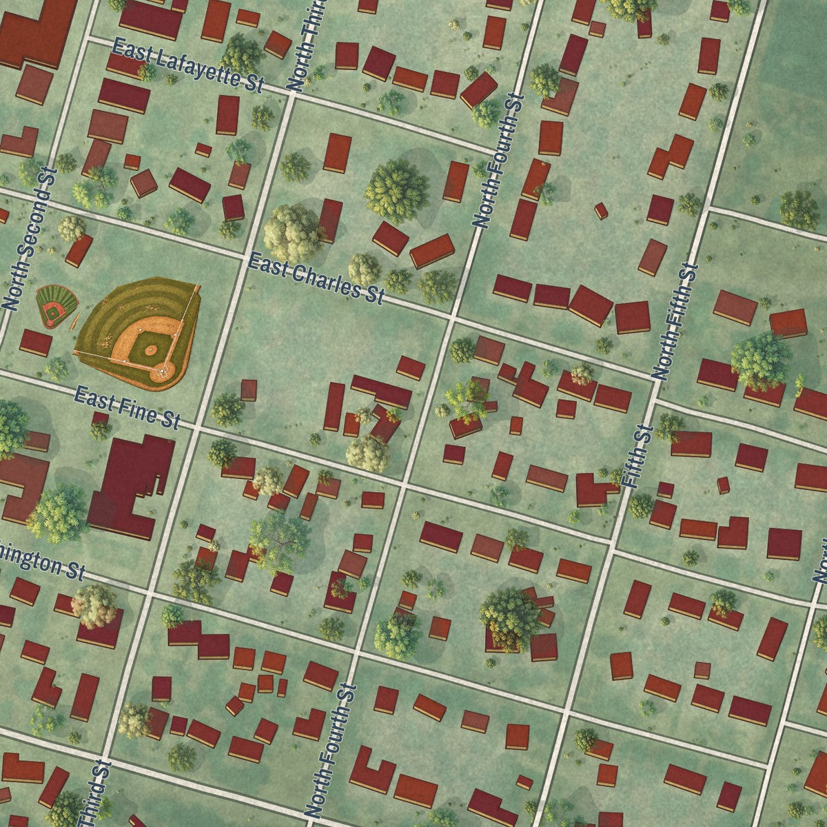 Close-up of the map of Ashkum, Illinois print showing street and building detail